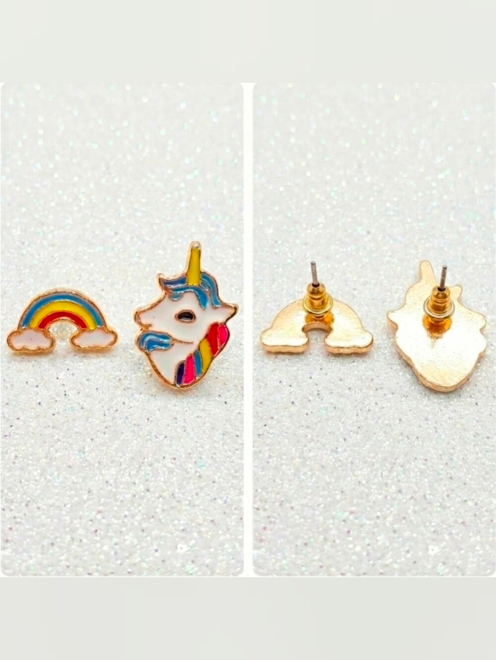 Gold Colorful Rainbow Unicorn Earrings With Silver Posts For Sensitive Ears